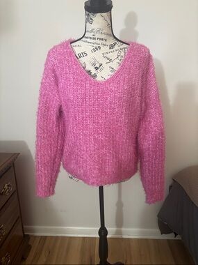 Pink Rose Hot Pink Fuzzy V-Neck Sweater